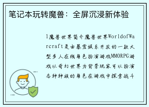 笔记本玩转魔兽：全屏沉浸新体验